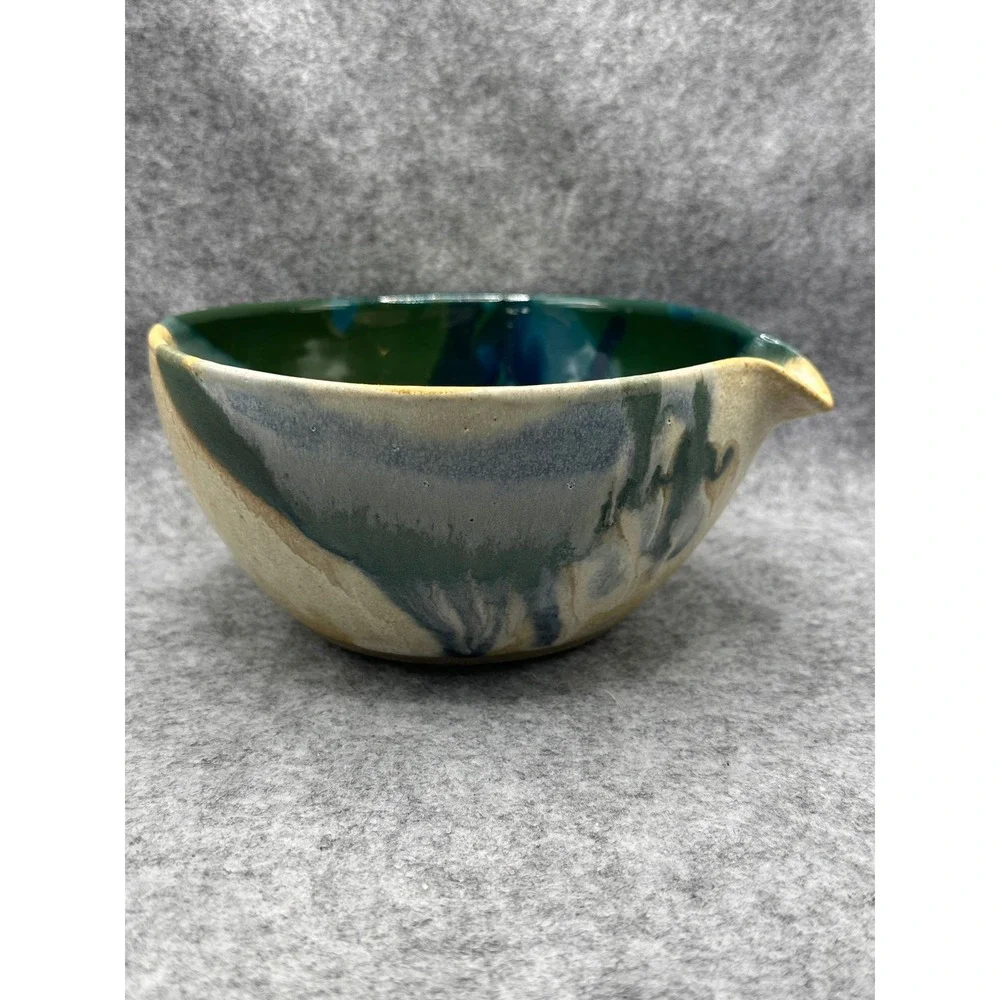 Handmade Studio Pottery Batter Bowl Green Blue Drip Glaze Signed Spout Handle